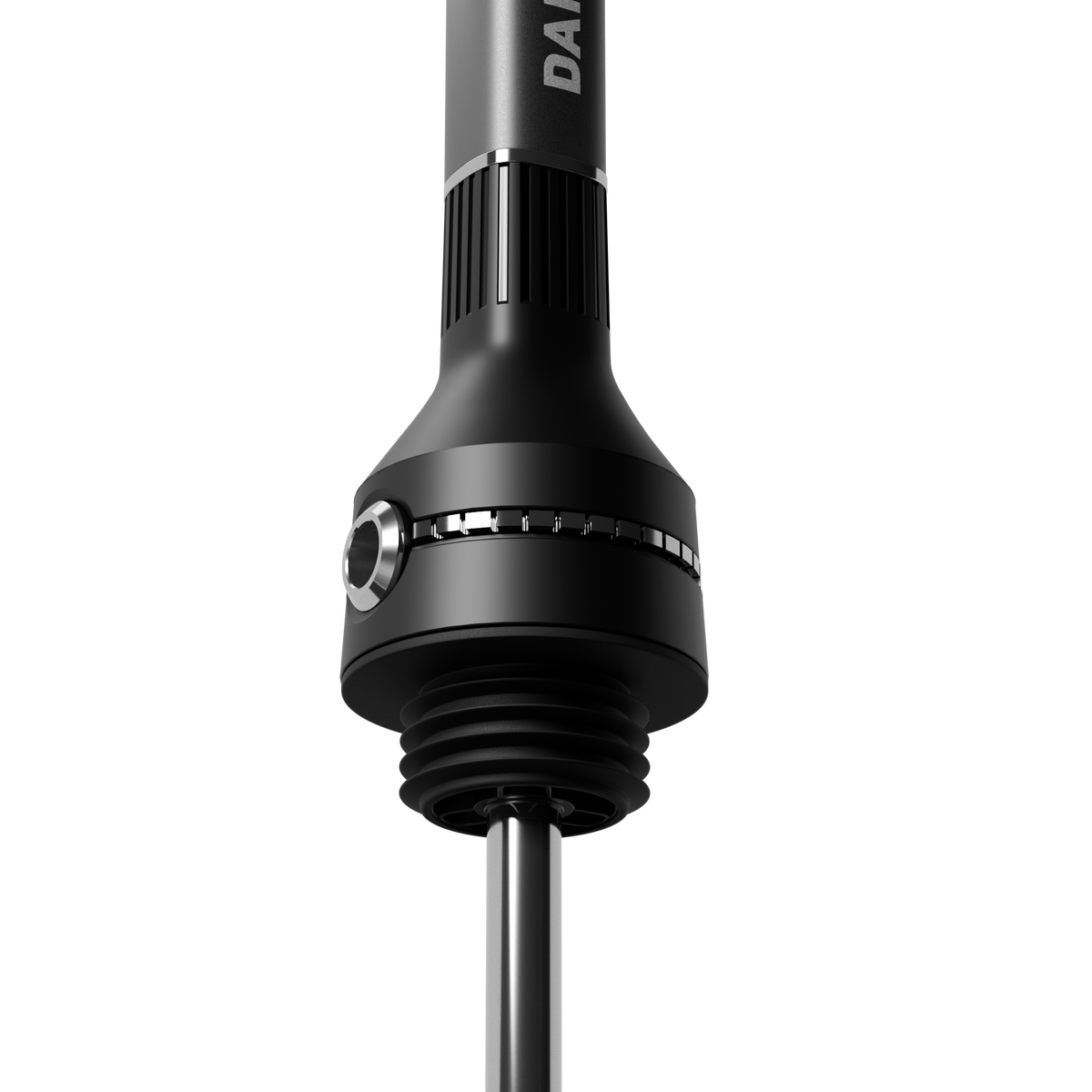Darkside NEO grey shisha joint and top of the black glass base, raised angle on white