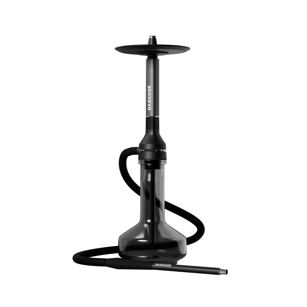 Darkside NEO grey shisha assembled with hose on a dark studio background, model name overlaid