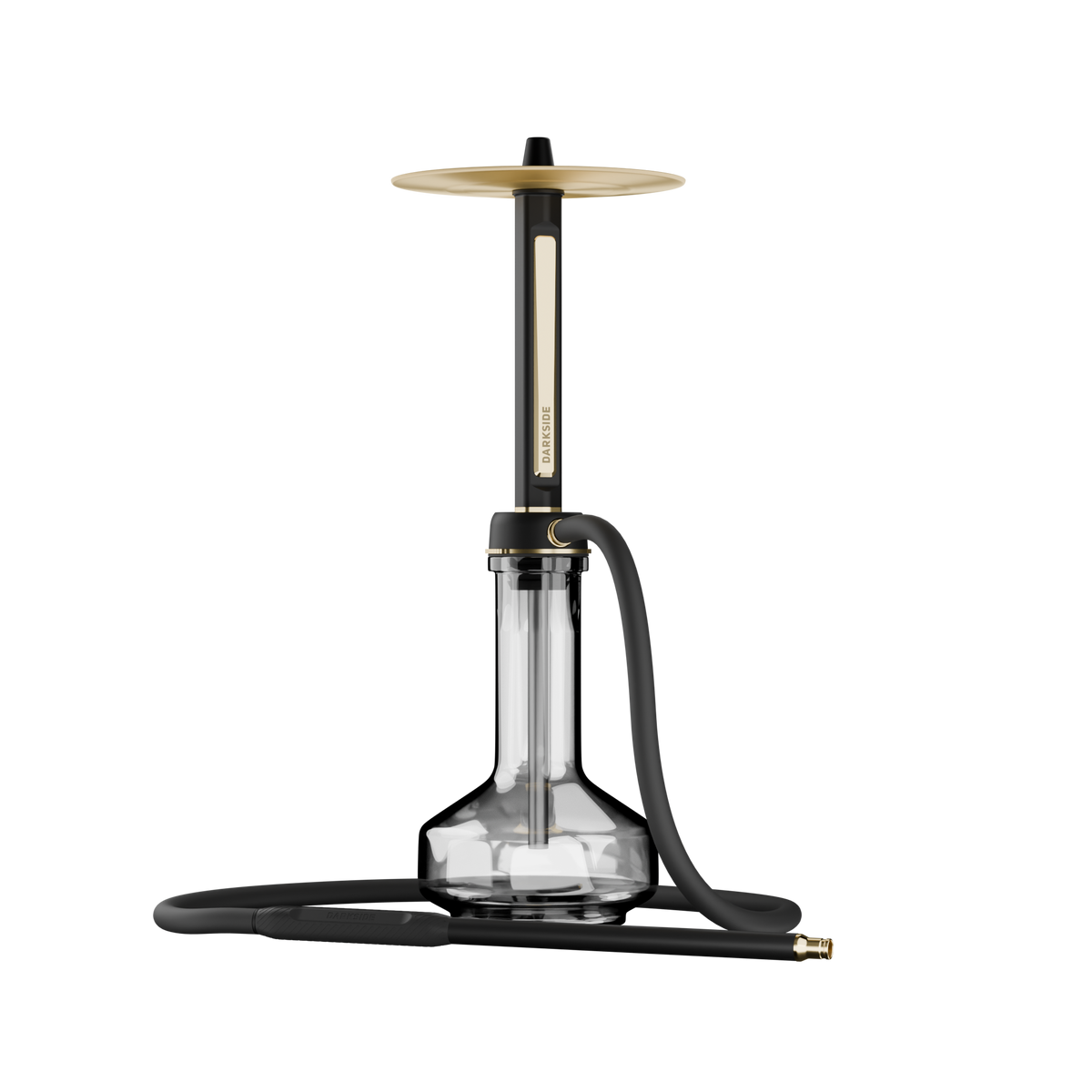 Darkside Pro Black Gold shisha with hose attached, looped beside the base