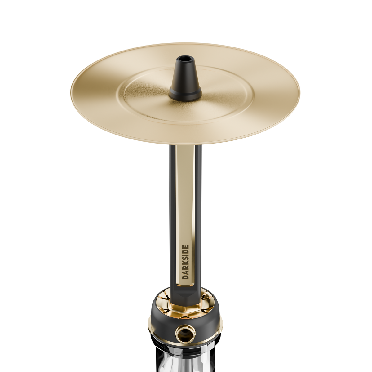 Darkside Pro Black Gold shisha tray and upper stem shown close up on white
