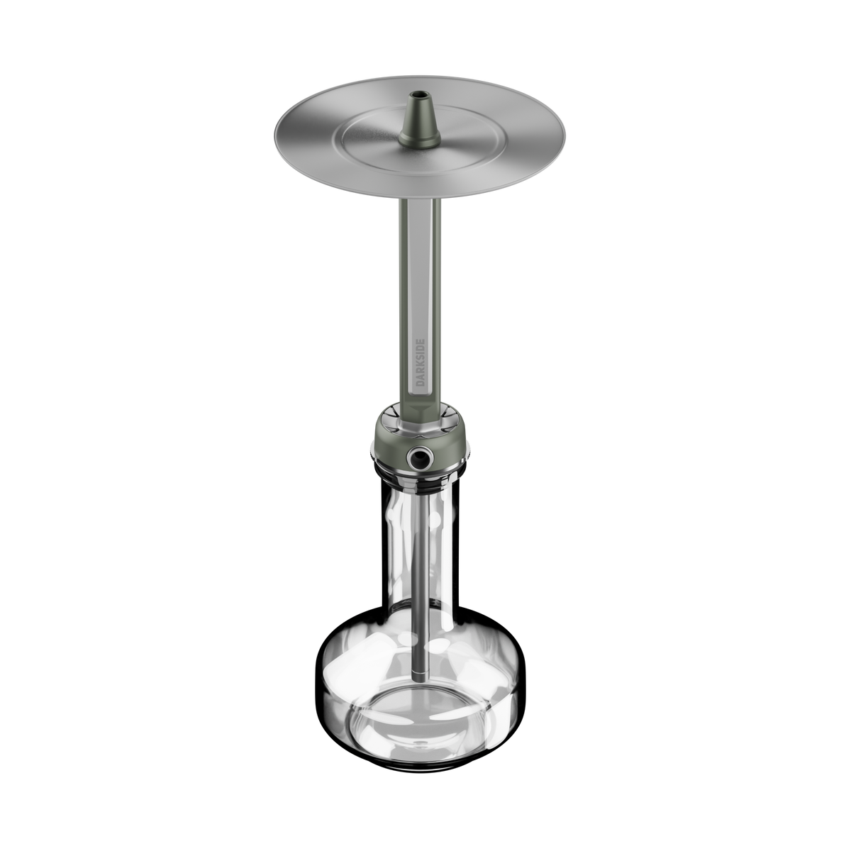 Darkside Pro shisha stem in green chrome mounted on a clear glass flask, full side view