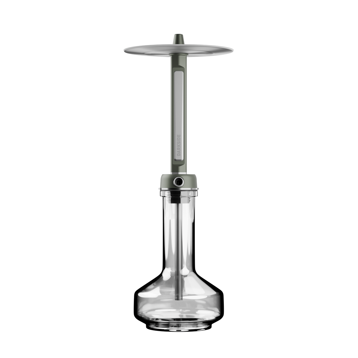 Full length view of the Darkside Pro shisha in green chrome seated on a clear glass base