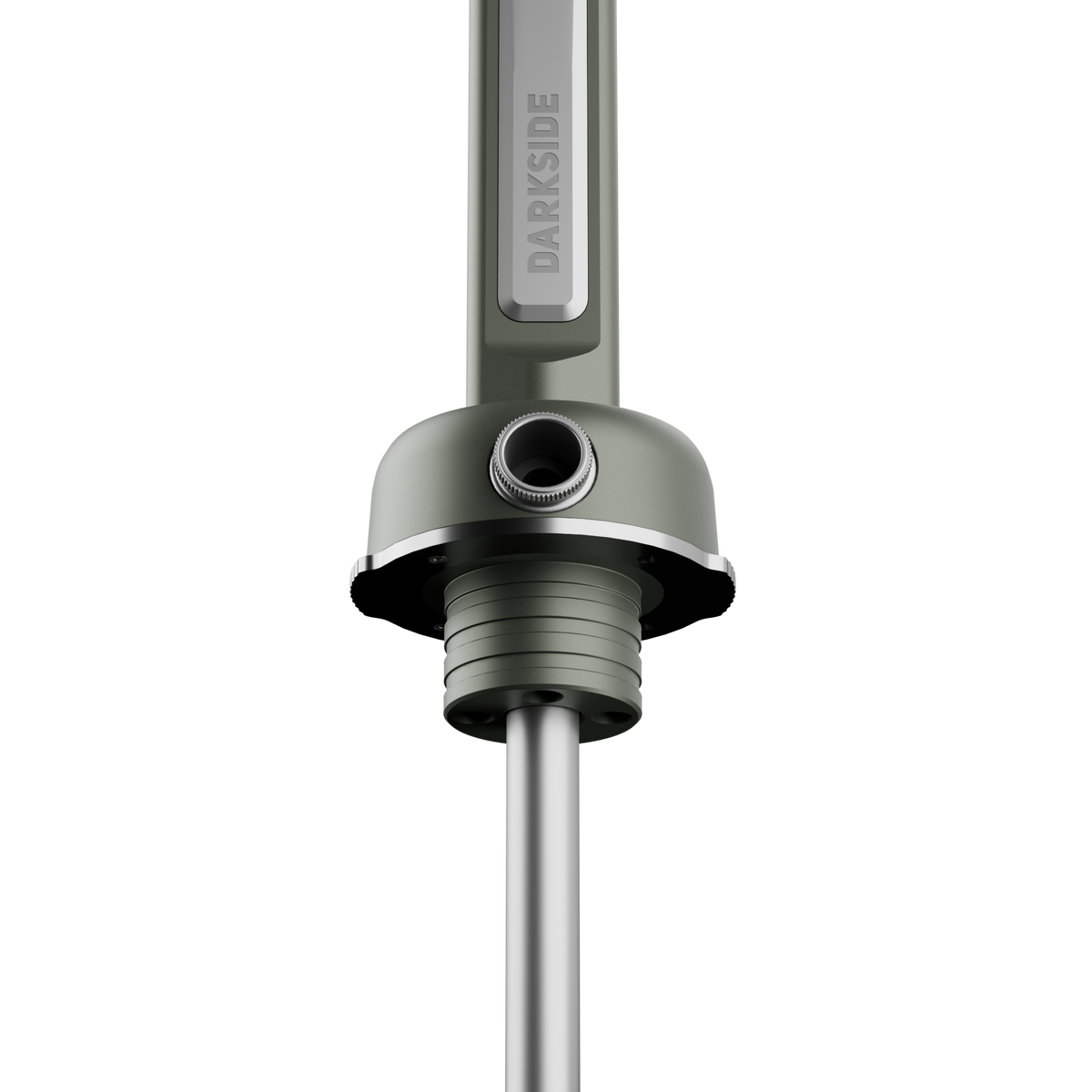 Angled close-up of the Darkside Pro connector in green chrome showing the hose port opening