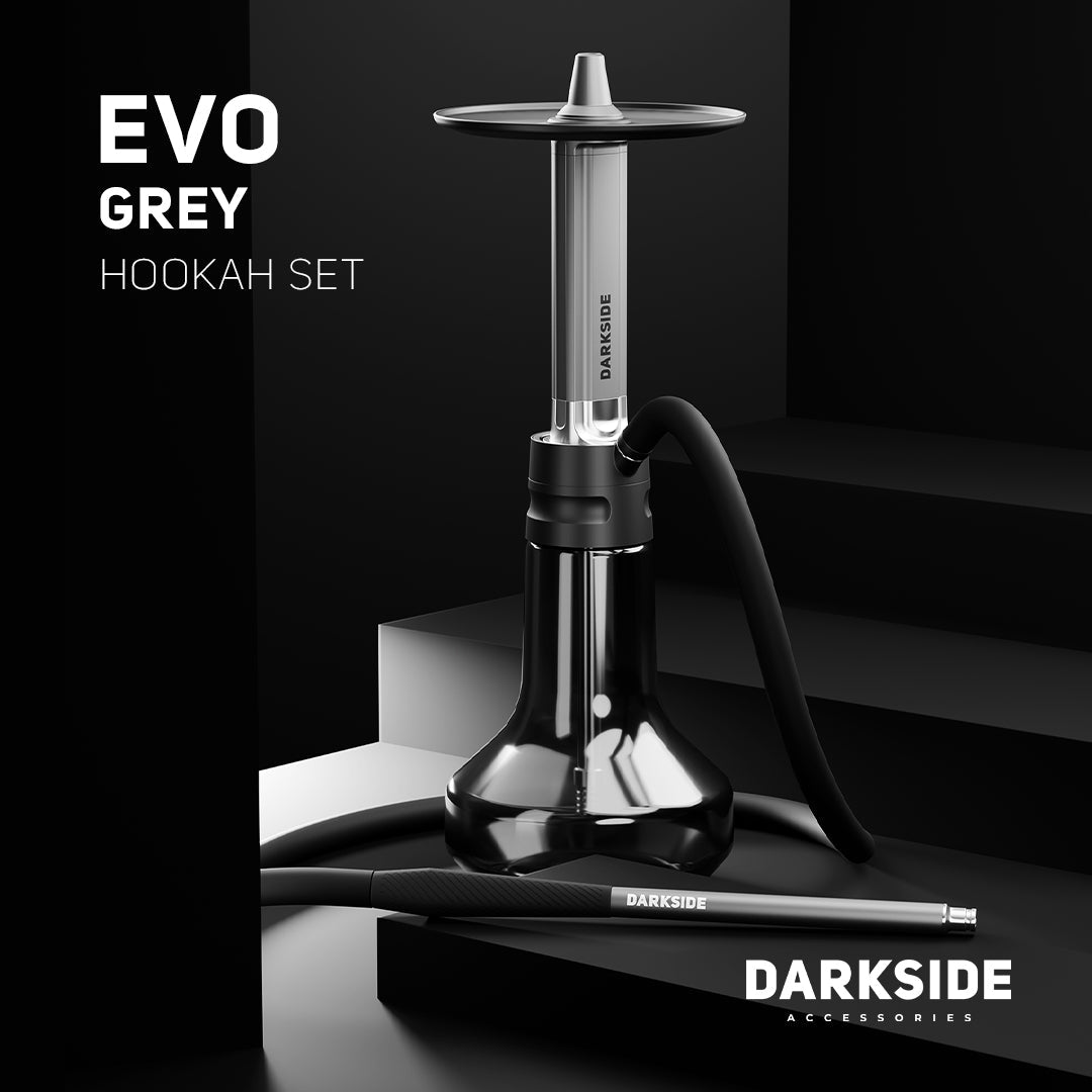 Darkside EVO Grey shisha assembled on a dark studio platform with hose and mouthpiece