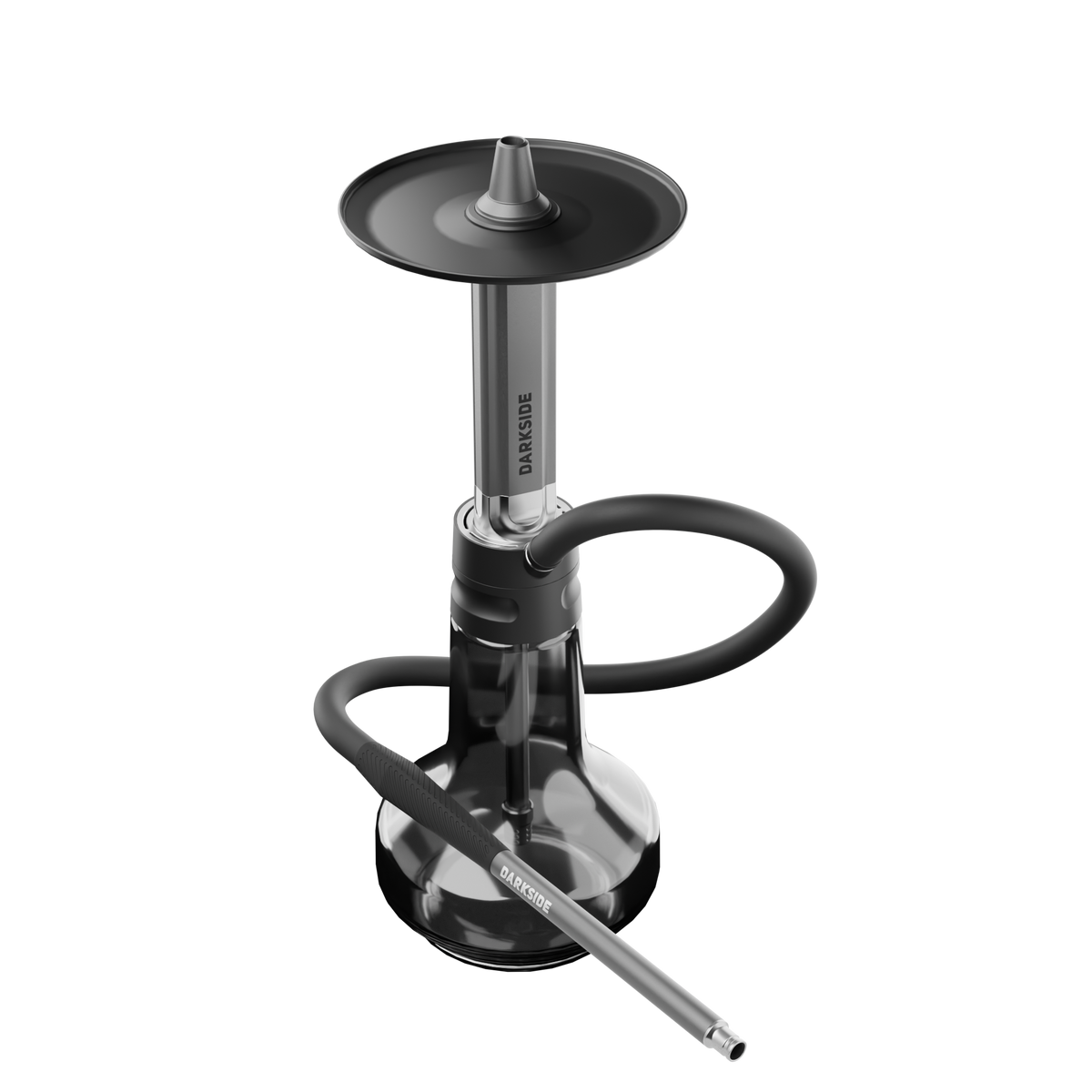 Darkside EVO Grey shisha fully assembled with hose and mouthpiece on white background