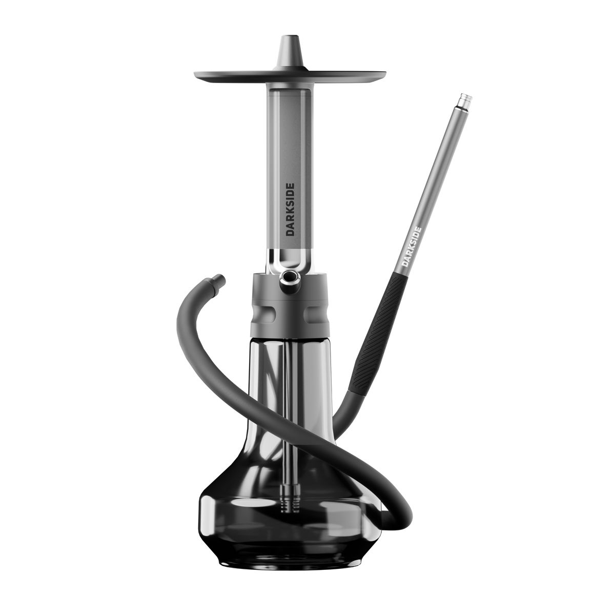 Darkside EVO Grey shisha assembled with hose draped in front and metal mouthpiece beside it
