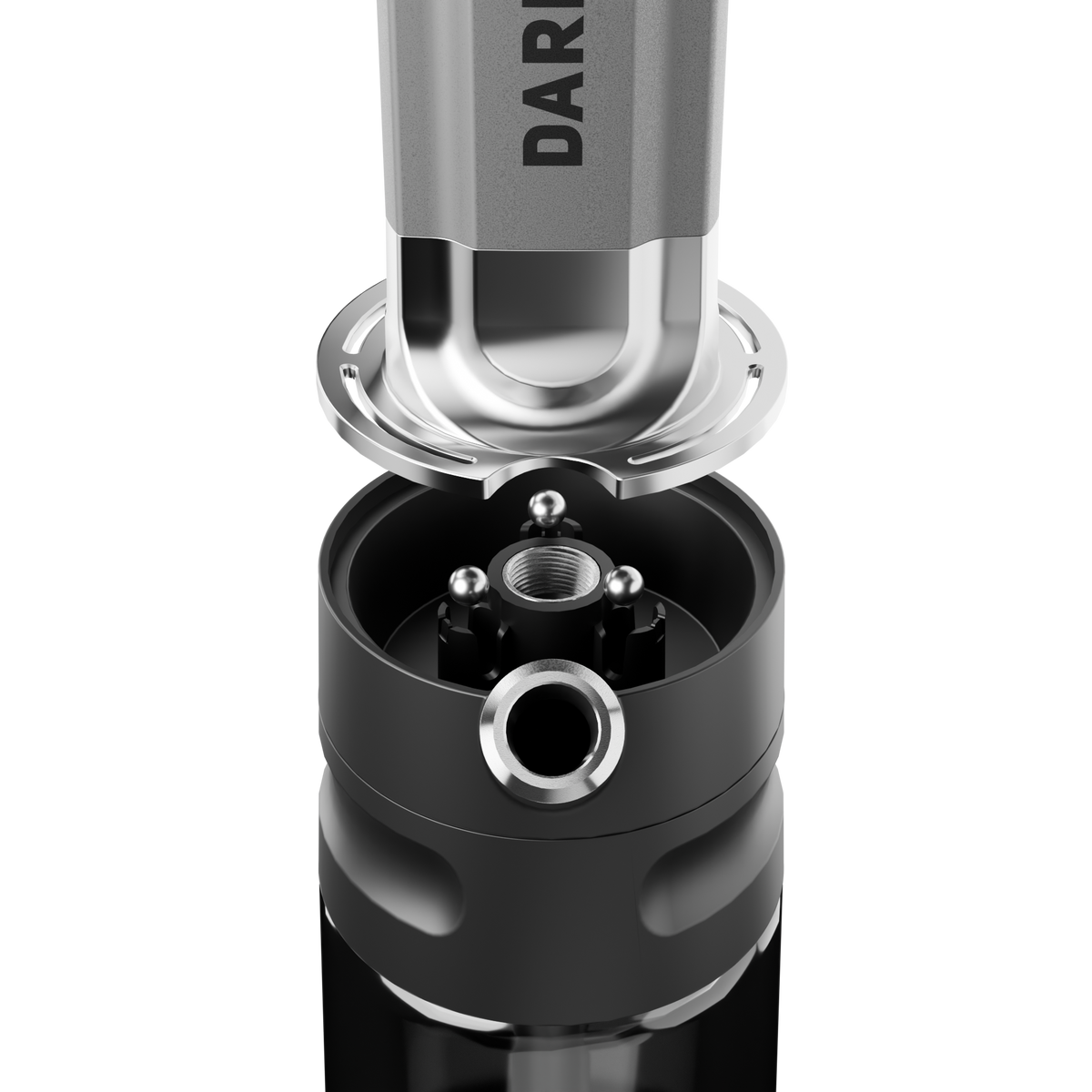 Darkside EVO Grey shisha click-system connector showing stem fitting and base locking mechanism