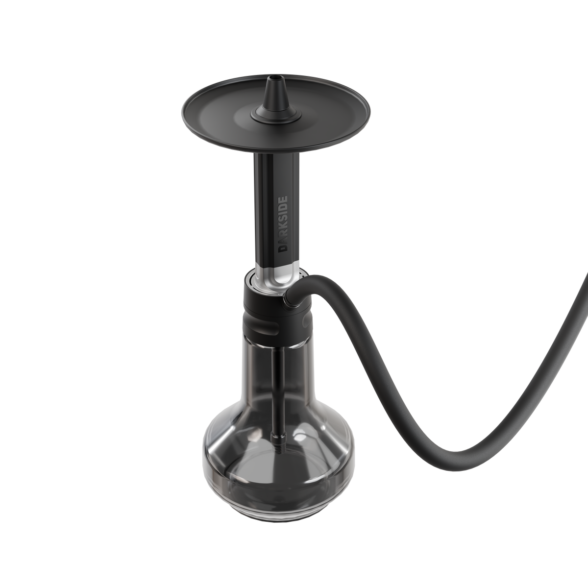 Darkside EVO shisha stem and base with the black hose extending to the side on white