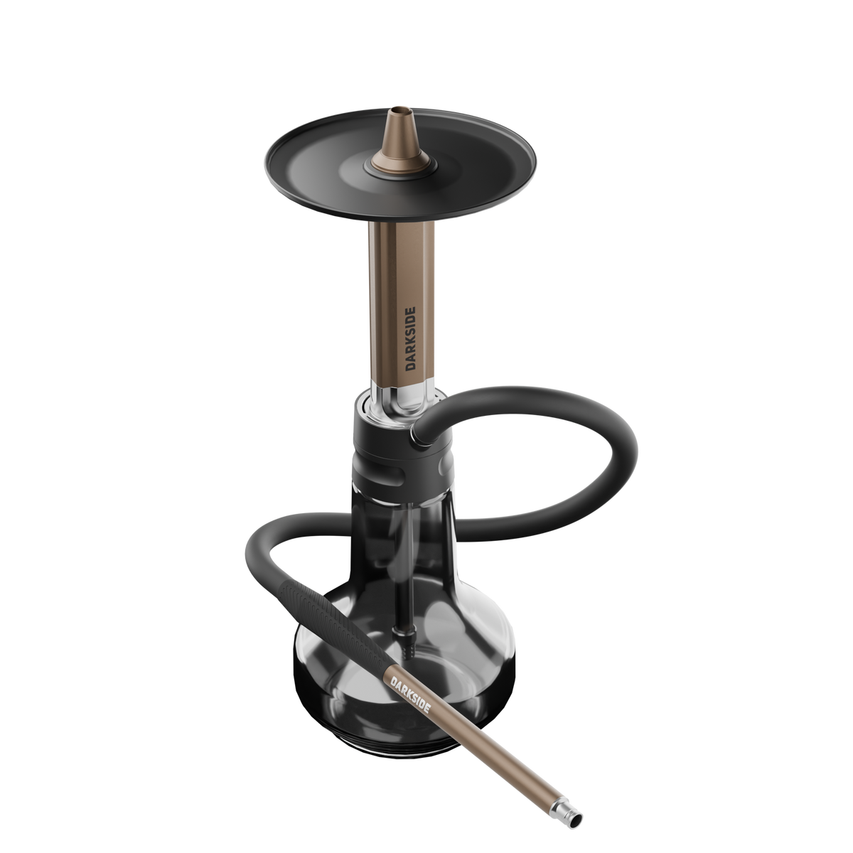 Darkside EVO Bronze shisha fully assembled with hose, mouthpiece and glass base shown together