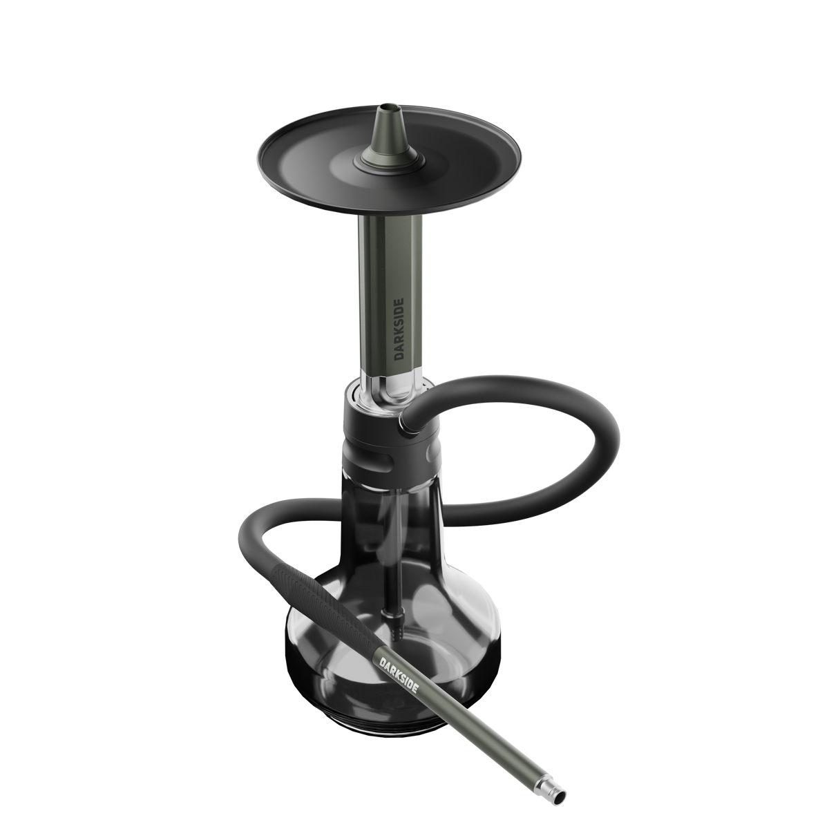 Darkside EVO shisha in green, full assembly with hose coiled beside the smoke tinted glass base