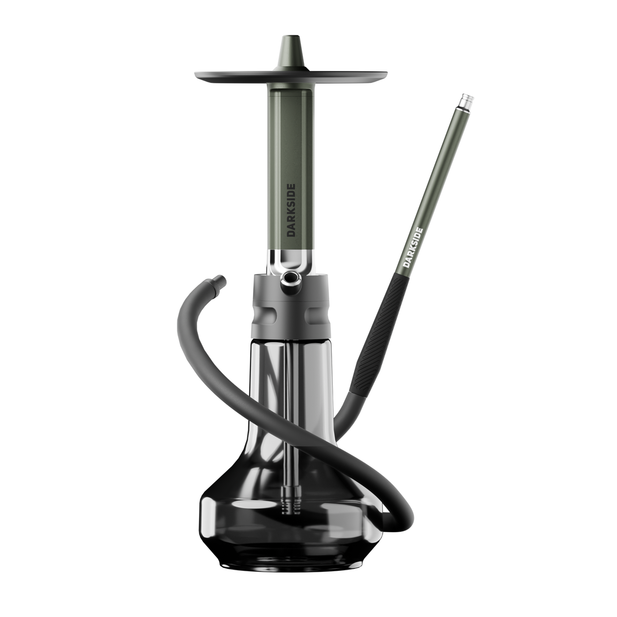 Darkside EVO shisha in green, full set with hose and mouthpiece laid beside the base