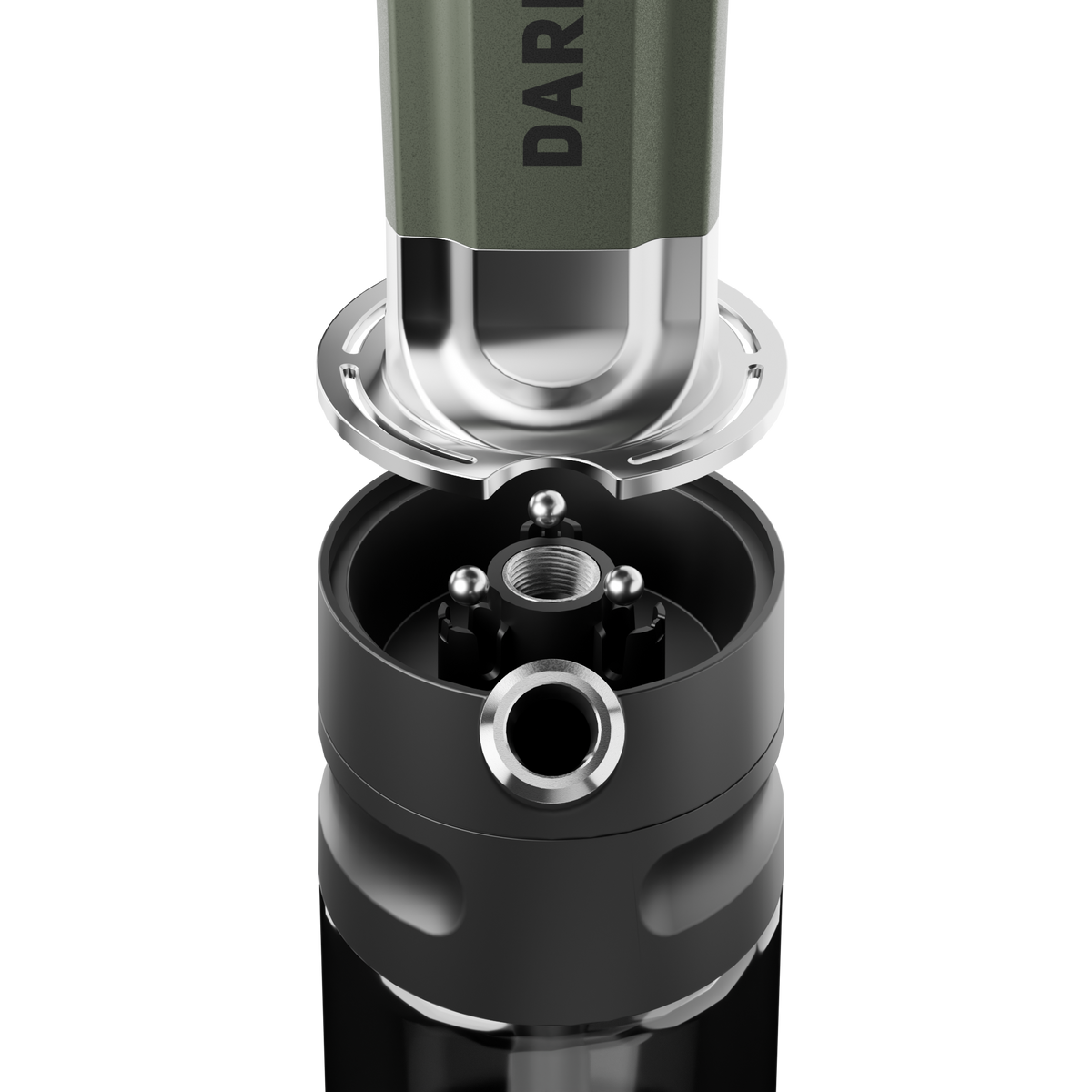Darkside EVO shisha in green, close-up of the click-system base fitting and magnetic hose port