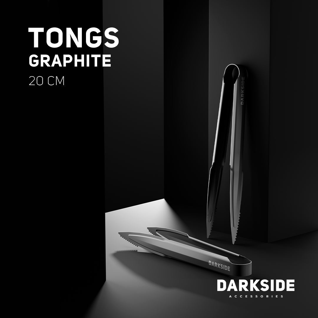 Darkside 20 cm tongs pictured upright and lying flat in a promotional graphite finish graphic