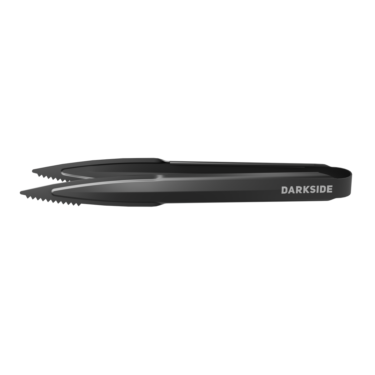 Close side view of Darkside Graphite shisha tongs showing the serrated jaw tips