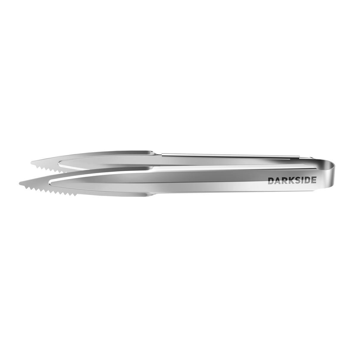 Darkside silver tongs in profile view on white background, showing serrated tips and engraved logo