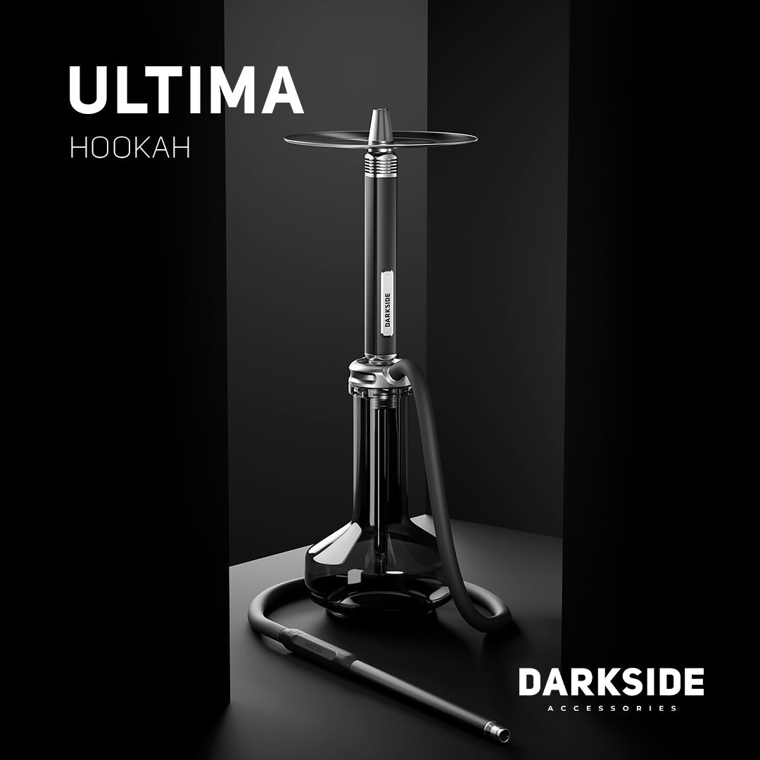 Darkside Ultima shisha standing on a dark studio backdrop with its hose coiled at the base