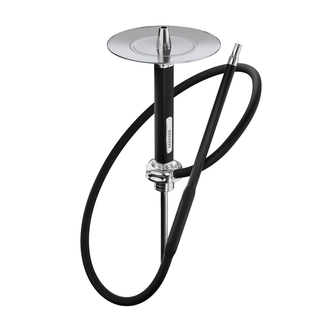 Darkside Ultima shisha shown fully assembled with black stem and coiled hose on white background