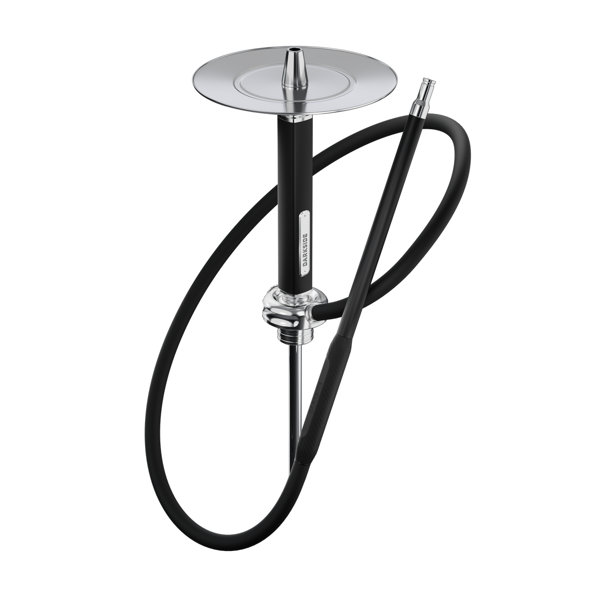 Darkside Ultima shisha shown fully assembled with black stem and coiled hose on white background