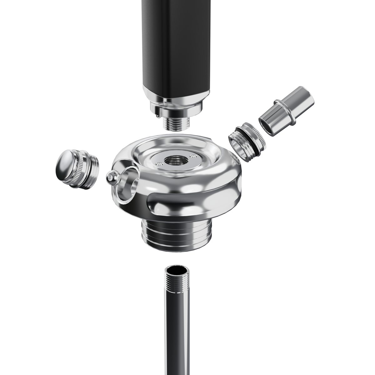 Darkside Ultima shisha base assembly shown exploded to reveal internal fitting parts