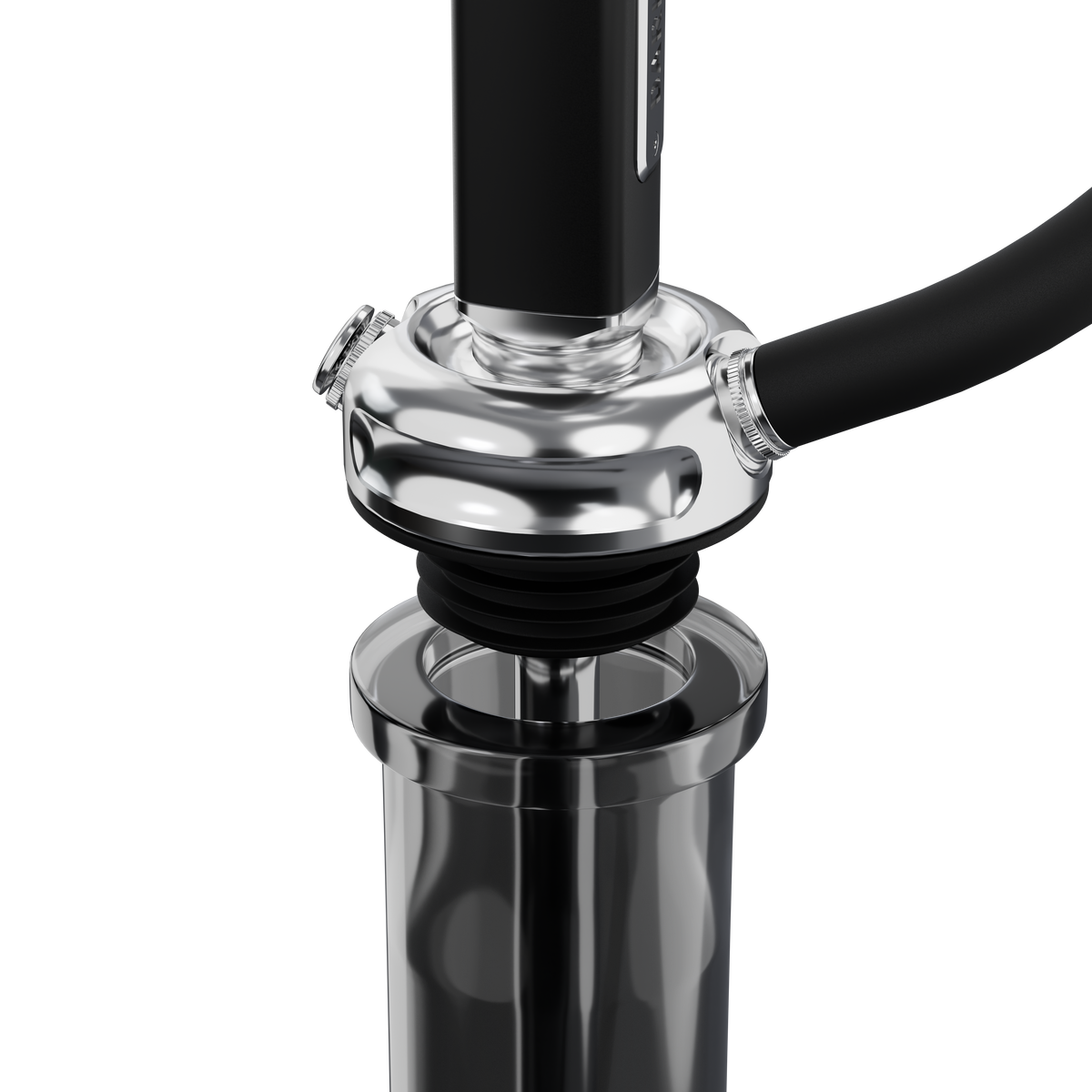 Darkside Ultima shisha stem and base connection shown in close-up with chrome fitting