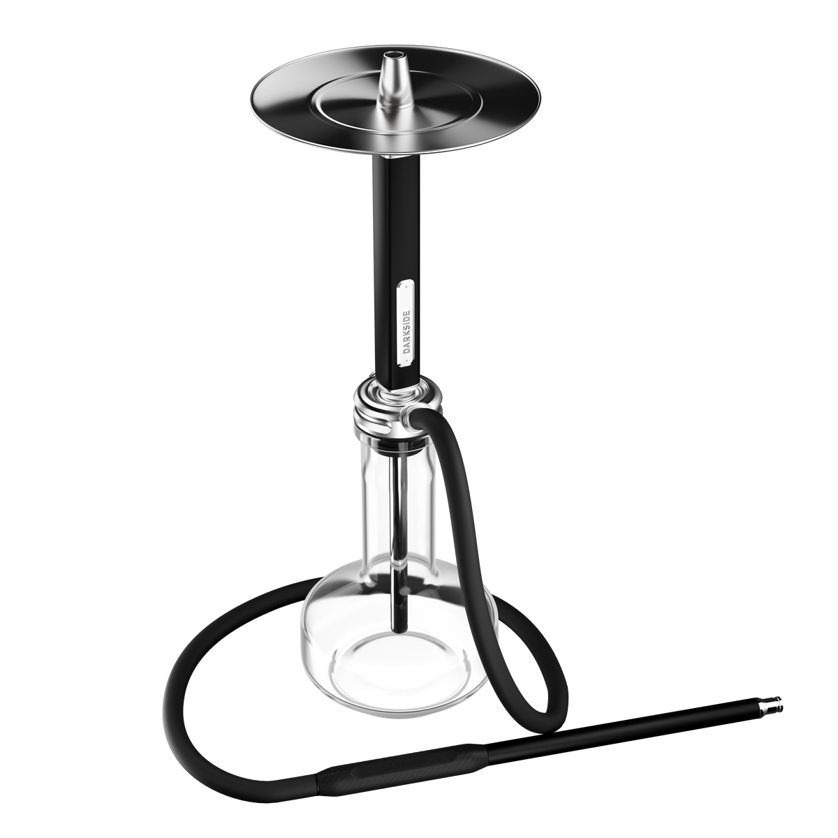 Darkside Ultima shisha assembled with a clear glass base and coiled black hose