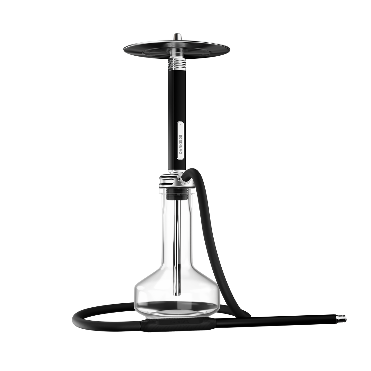 Darkside Ultima shisha assembled with a clear glass base and hose laid to the side