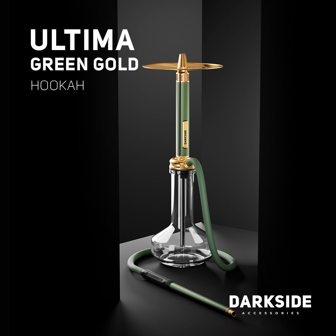 Darkside Ultima Green Gold shisha assembled on a dark studio backdrop with brand signage