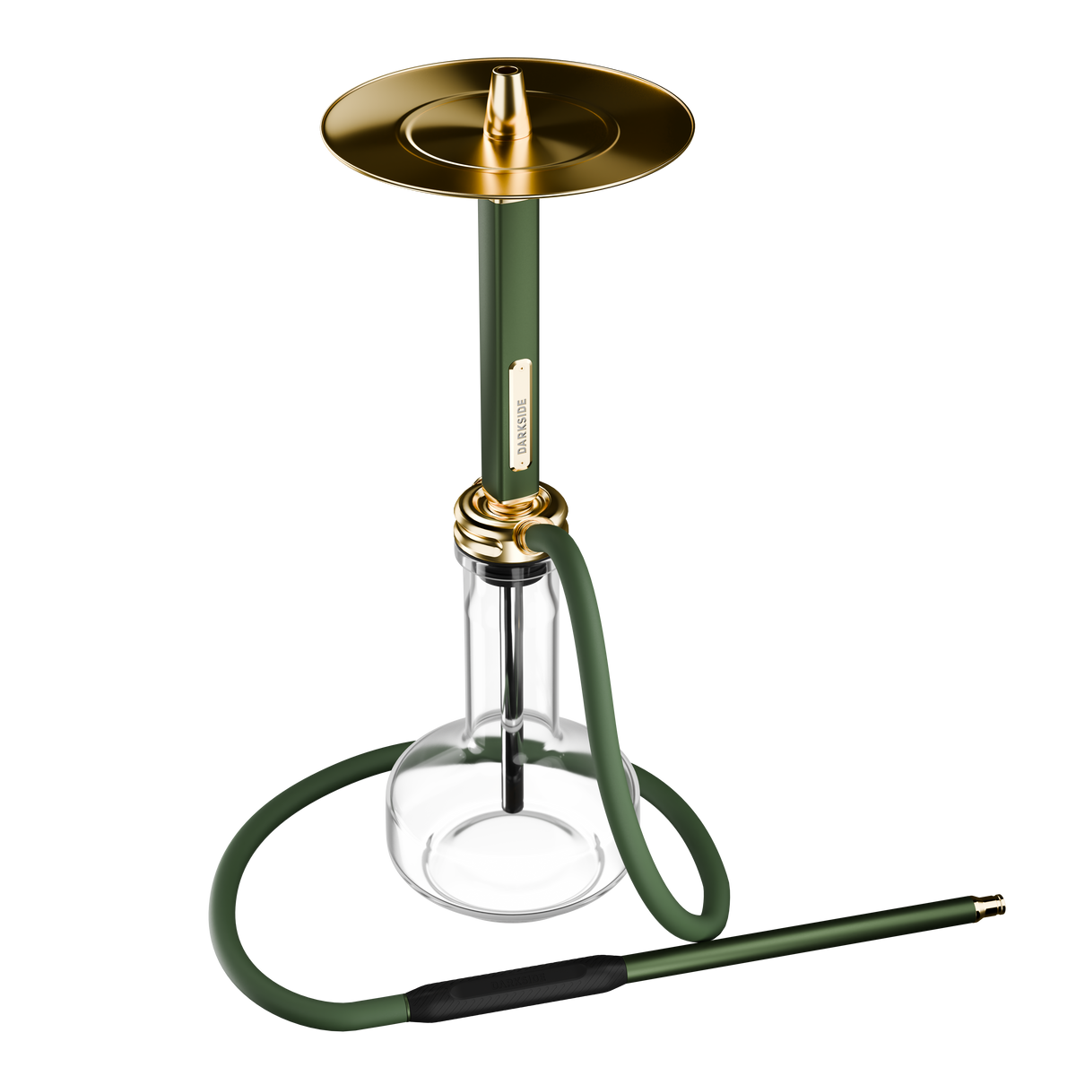 Darkside Ultima Green Gold shisha viewed from an angle, showing the glass base and coiled hose