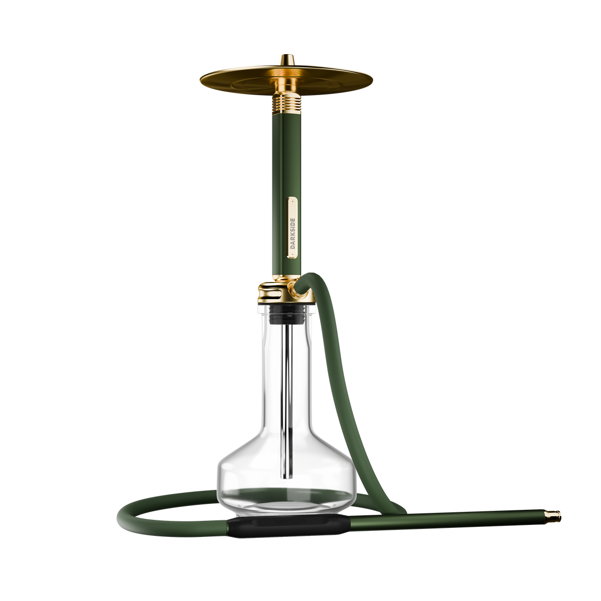 Darkside Ultima Green Gold shisha in a front view with its glass base and looped hose
