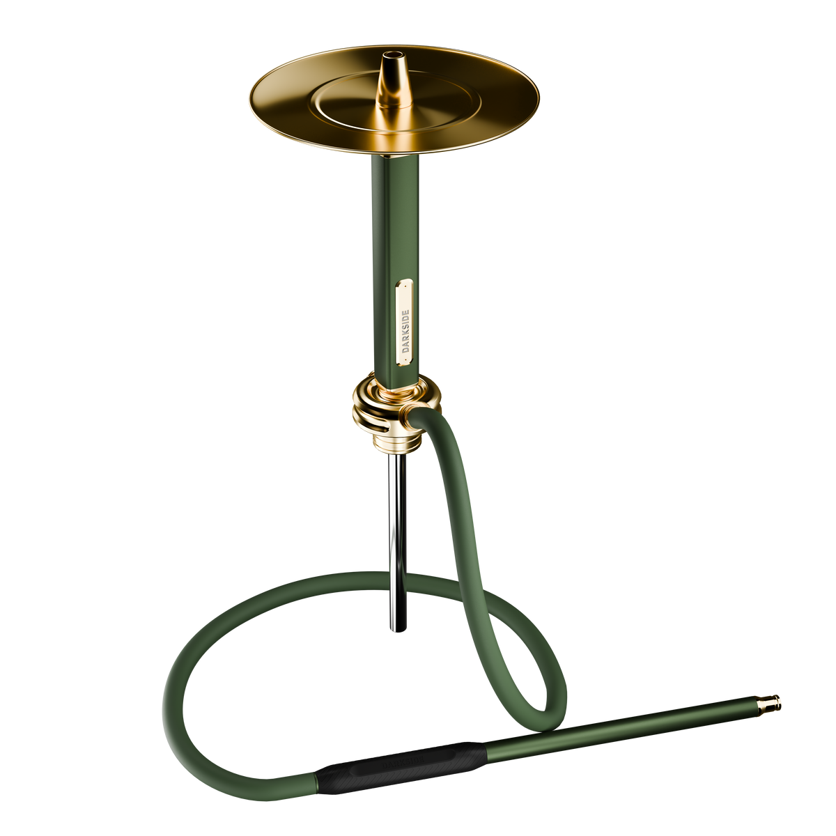 Darkside Ultima Green Gold shisha shown from the side, stem and saucer above the stand