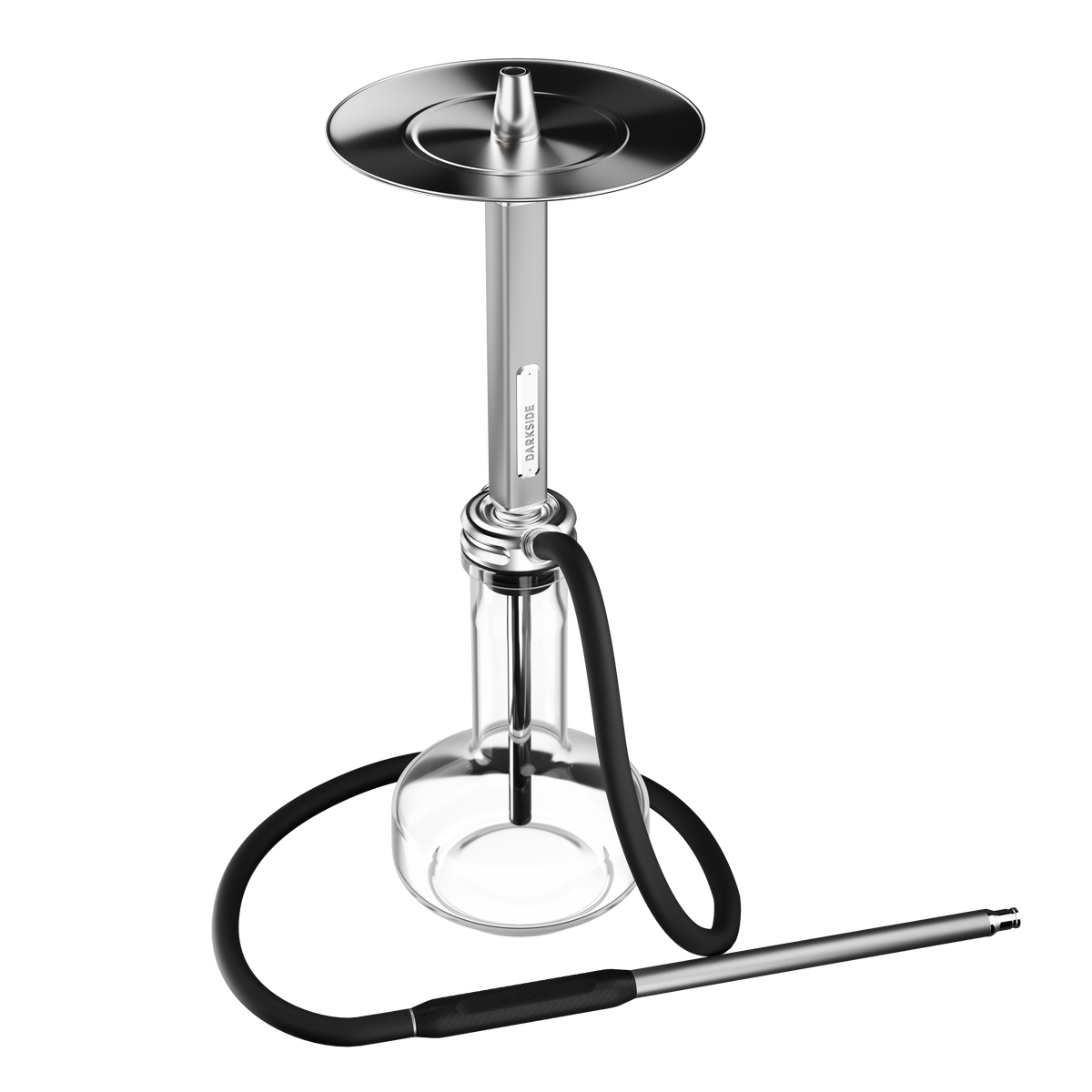 Darkside Ultima shisha assembled with glass base, silver tray and looped hose, angled view