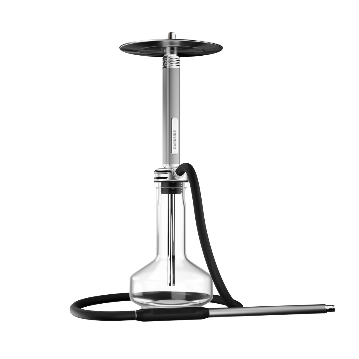 Darkside Ultima shisha front view with glass base, silver tray, stem and looped hose