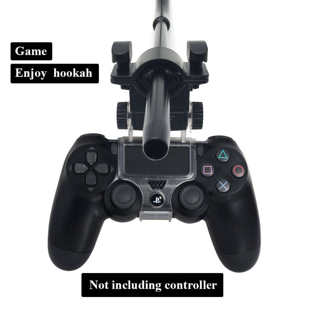 DOBE PS4 controller shisha hose holder, a black hose ring on a clear bracket clipped to the top of a black PS4 controller, image 3 of 4