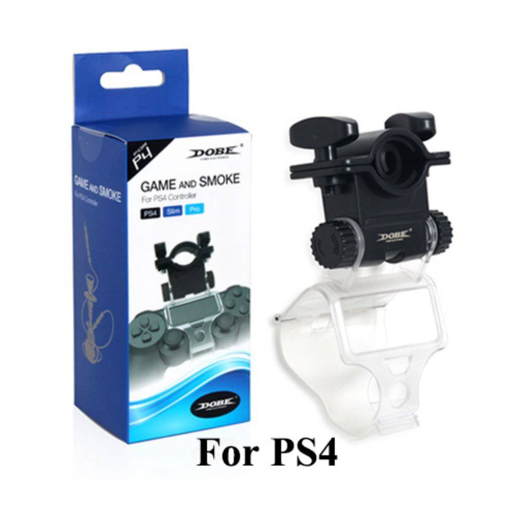 DOBE PS4 controller shisha hose holder, a black hose ring on a clear bracket clipped to the top of a black PS4 controller, image 4 of 4