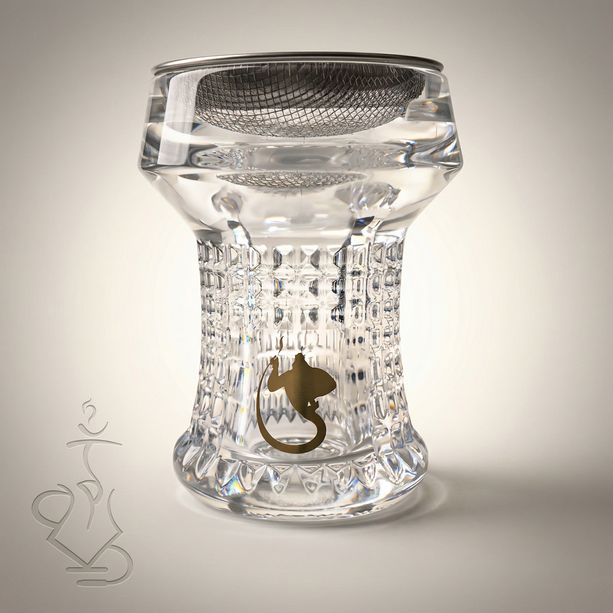 Dschinni Nero crystal glass shisha head with cut-crystal waffle texture, gold Dschinni emblem, and Seflex stainless mesh insert visible through the clear glass bowl.