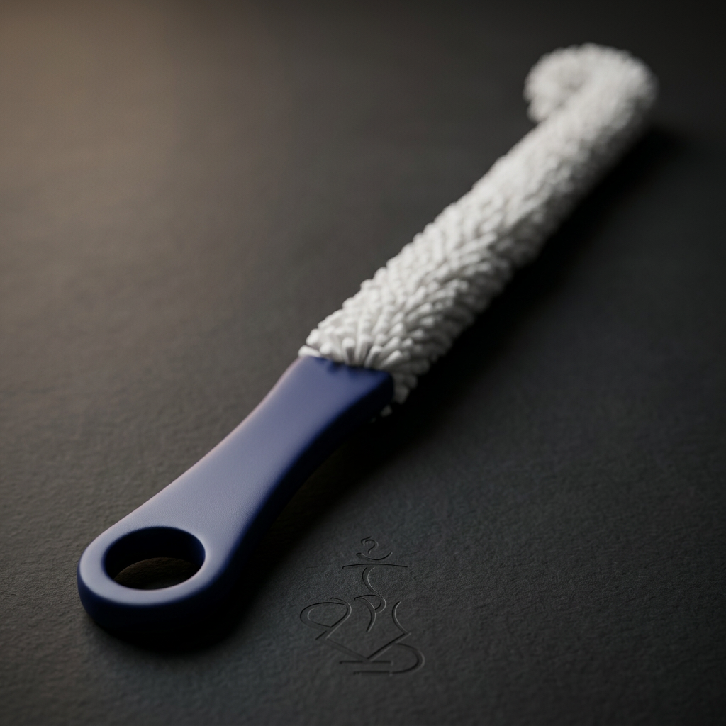 Close-up of Empire base cleaning brush showing firm white nylon bristle tufts and navy blue handle on a dark surface, image 3 of 7