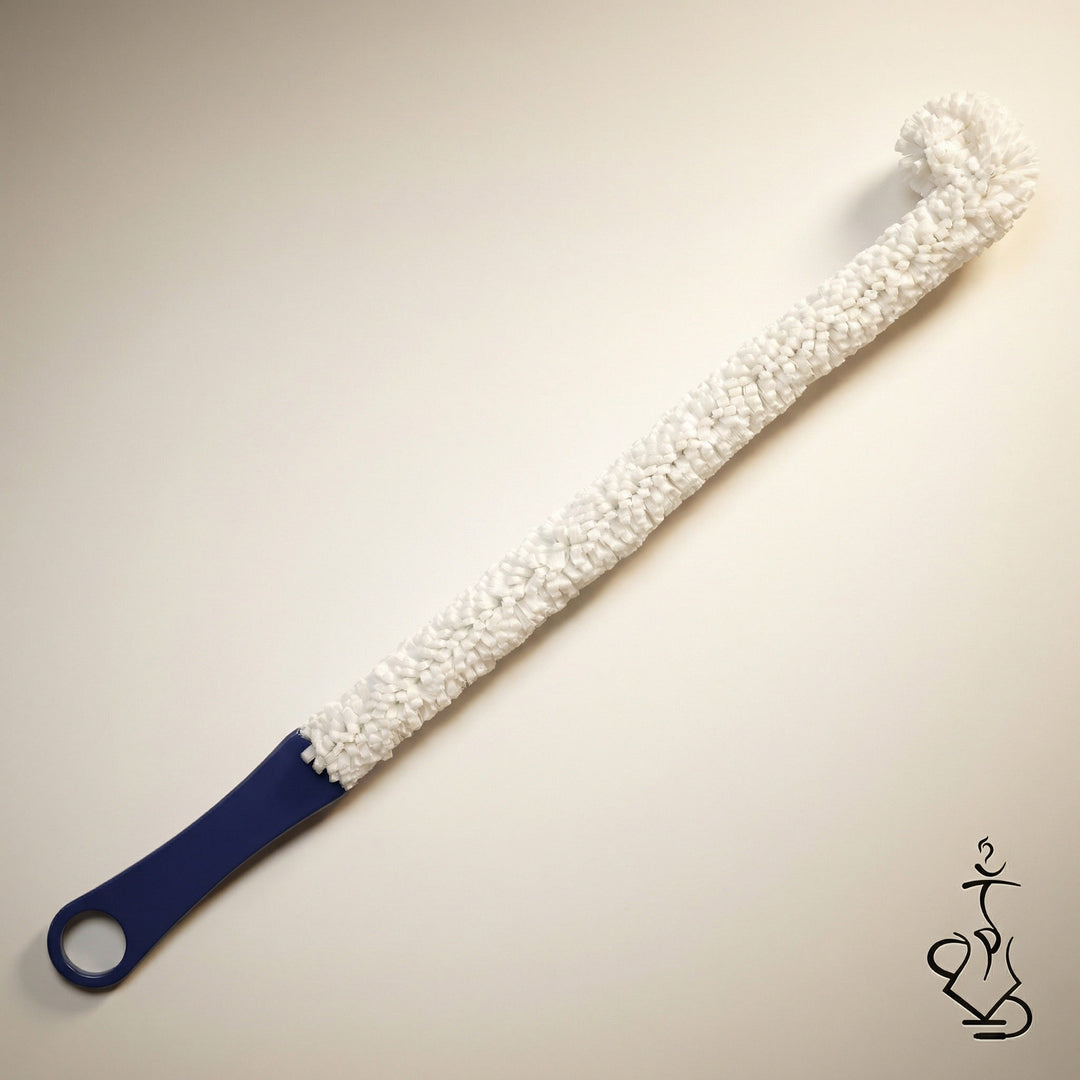 Empire hookah base cleaning brush with white nylon bristles and navy blue handle on a warm white studio background