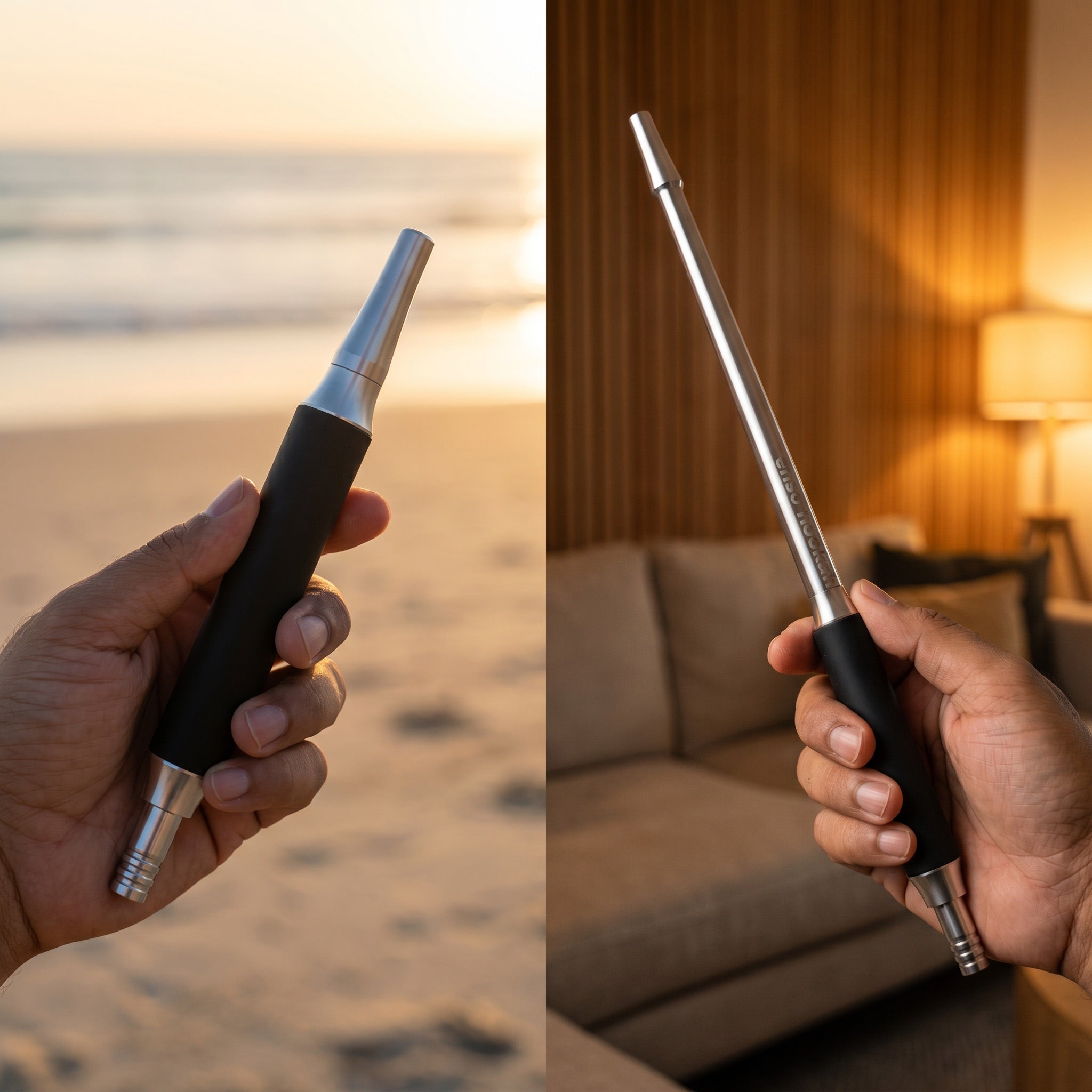 Enso Hookah Modular Mouthpiece in hand at the beach and at home, showing compact and full lengths – The Premium Way