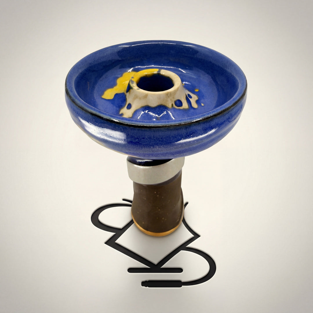 Ace phunnel bowl in Cobalt deep blue with cream spire and yellow glaze accent, gold-rimmed stem