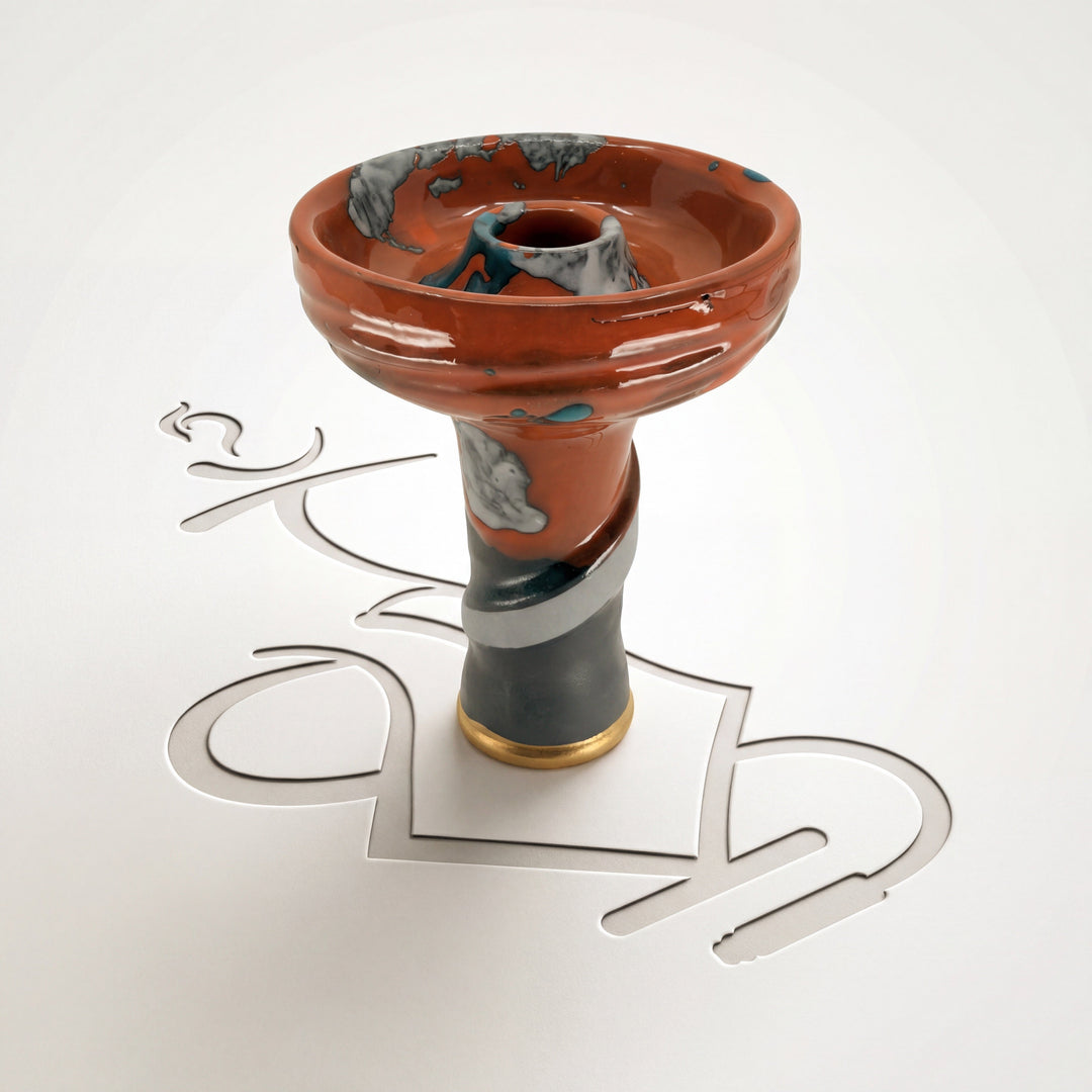 Ace phunnel shisha bowl in Ember, orange red glaze with grey and white marbling and a gold coloured ring at the base