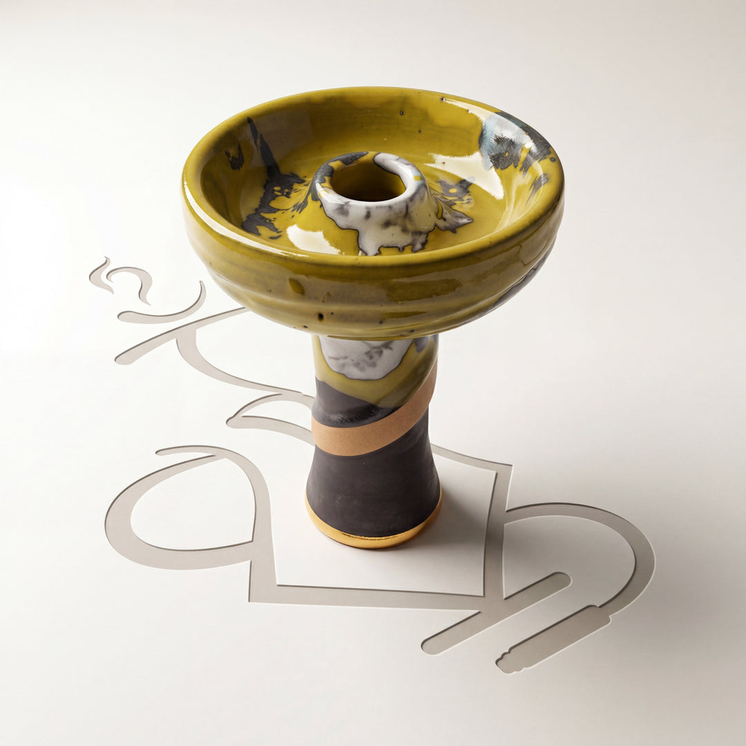 Ace phunnel shisha bowl in Ochre, mustard yellow glaze with grey and white marbling, dark stem with a tan band