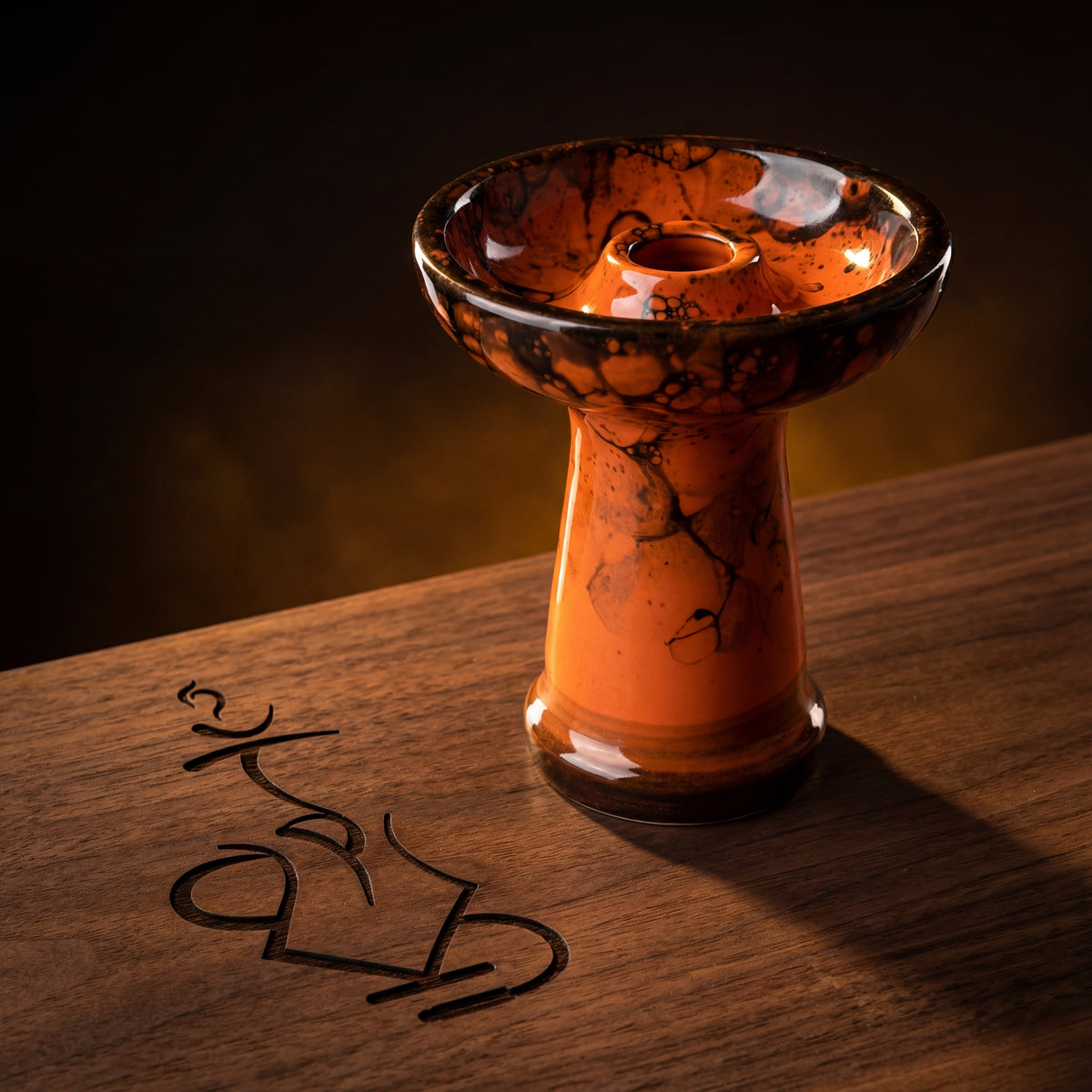 Essentials King Phunnel Bowl in Blaze glaze on dark walnut wood with etched logo mark, image 3 of 4