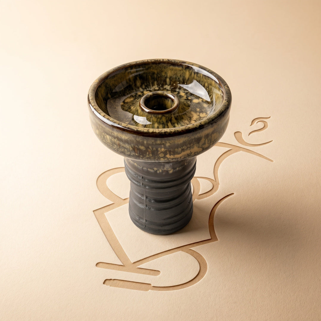 Knight Phunnel Shisha Bowl in Sentinel glaze — crystalline olive and cream bowl on raw charcoal ceramic stem