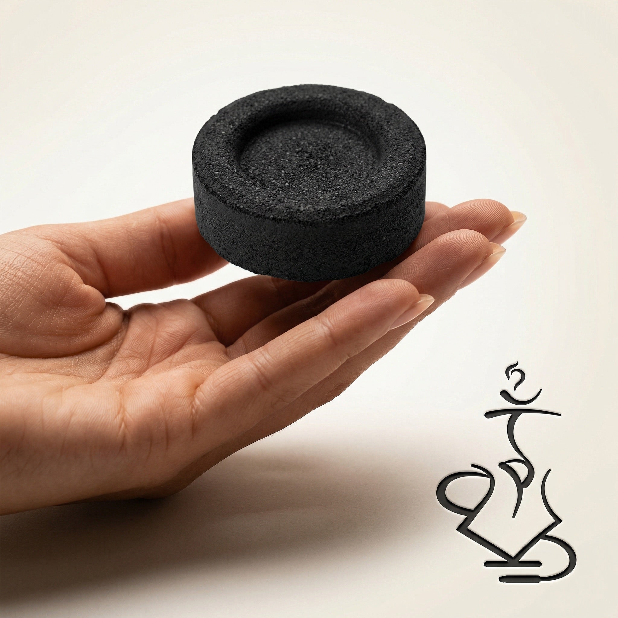 Essentials Quick-Light Charcoal 33mm tablet held flat on fingertips showing real-world size for hookah bowls and bakhoor burners on a warm studio background.