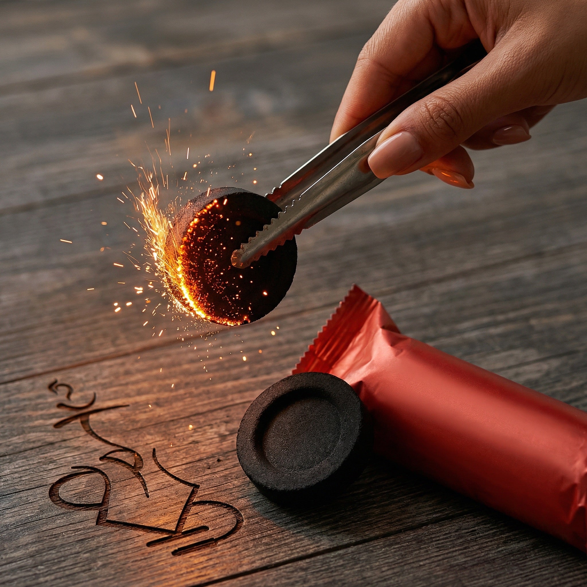 Essentials Quick-Light Charcoal tablet held in hookah tongs mid-ignition, bright orange sparks spreading across the edge on a dark wood session surface.
