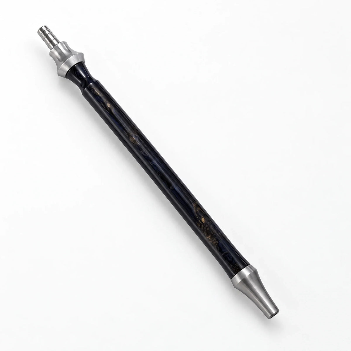 Essentials resin shisha mouthpiece handle in dark swirl resin with brushed steel flared ends, example design, image 3 of 3