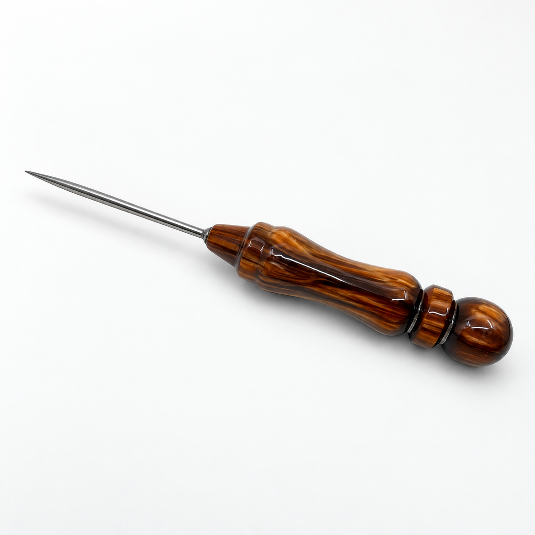 Essentials resin shisha poker in Brown, a amber and dark brown swirl resin handle with a fine steel pin