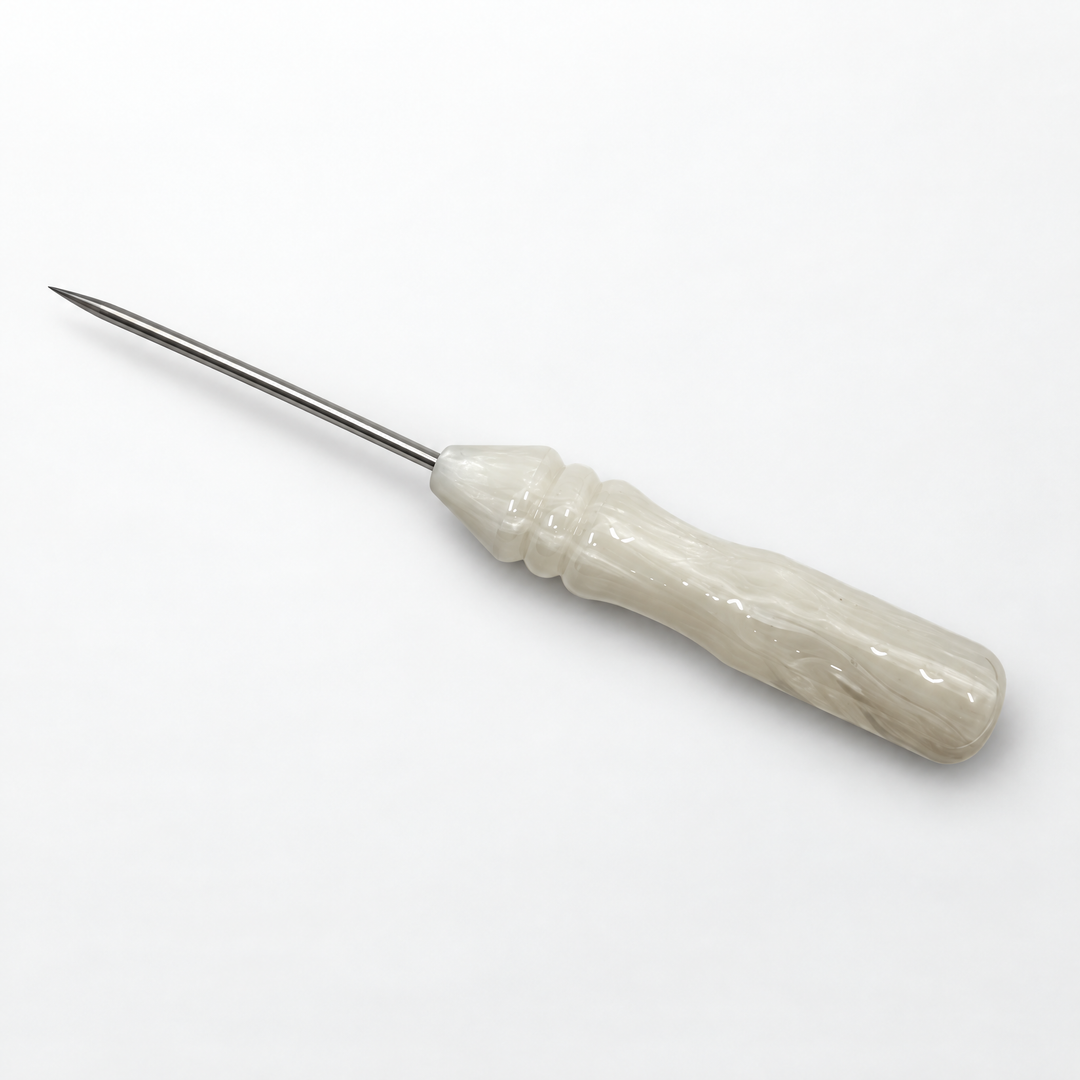 Essentials resin shisha poker in White, a pearl white swirl resin handle with a fine steel pin