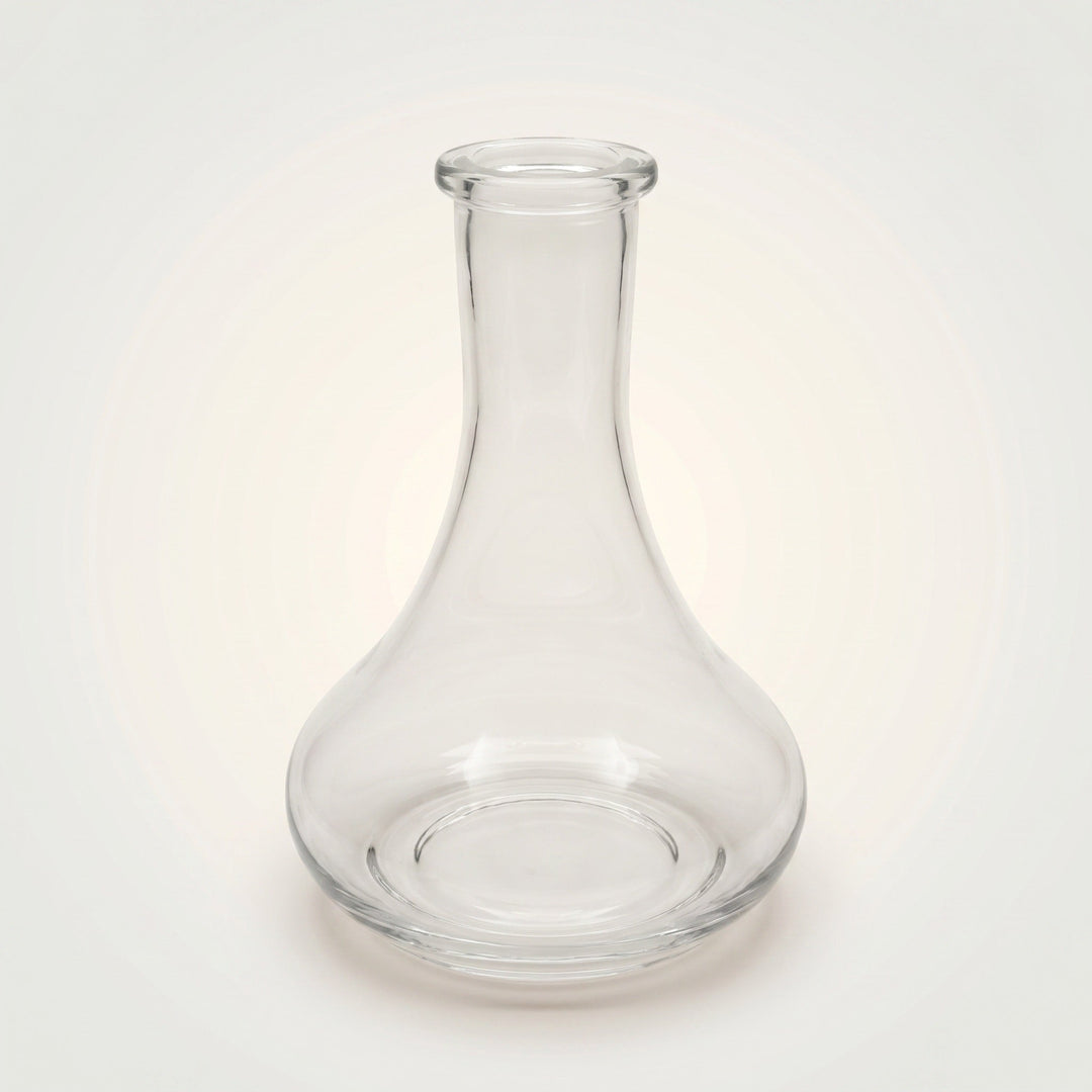 Essentials Tear Drop Russian shisha vase in clear hand-blown glass, three-quarter studio view showing the 45mm Russian-fit teardrop silhouette