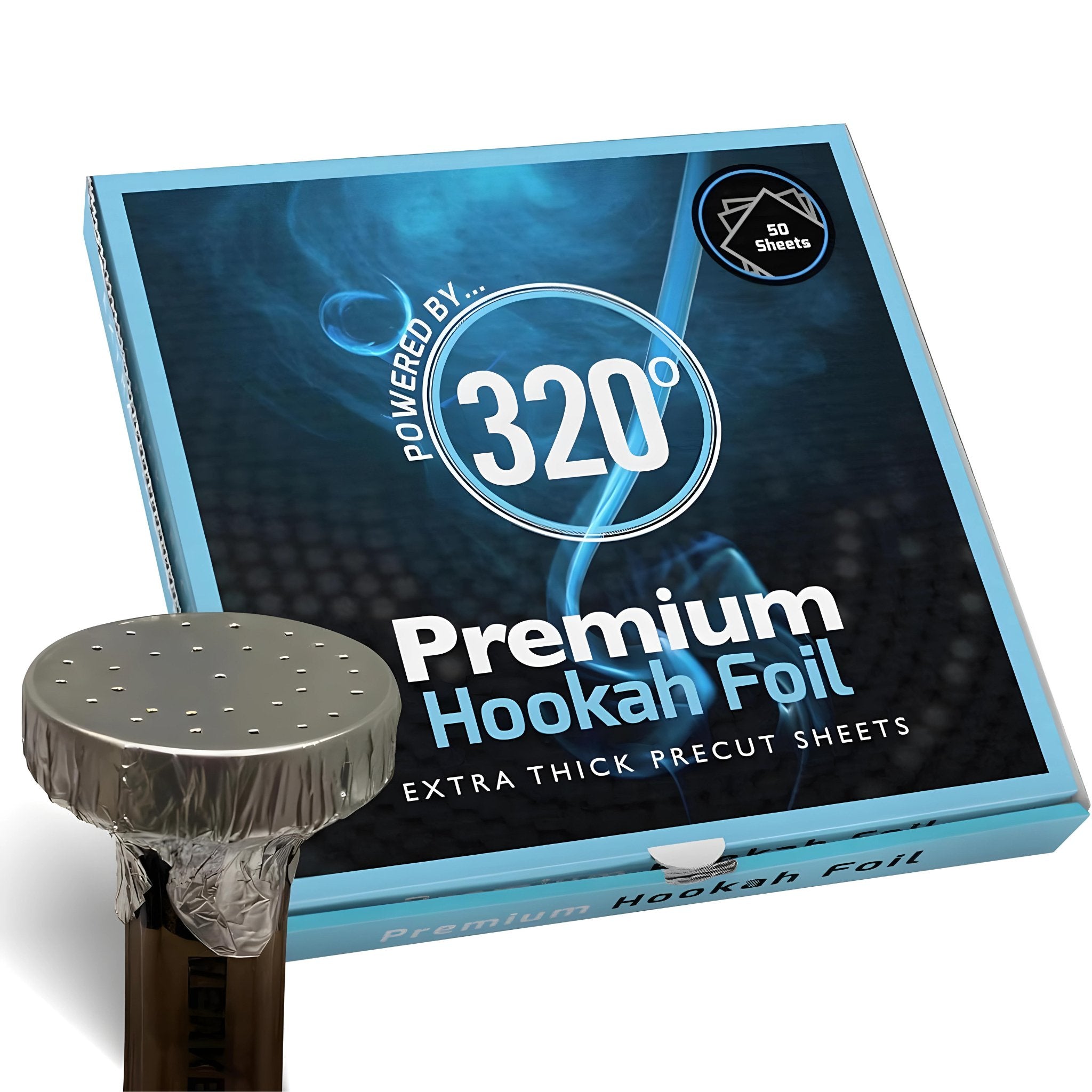 Box of 320° Premium Hookah Foil 50-sheet pack beside a shisha bowl covered with pre-poked foil.

